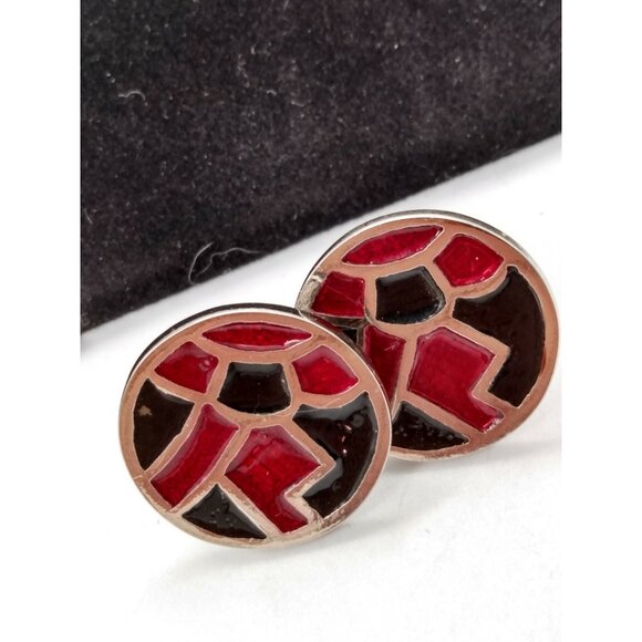 Vintage Men's Round Cuff-links  Silvertone Red & Green Enamel - Picture 1 of 7